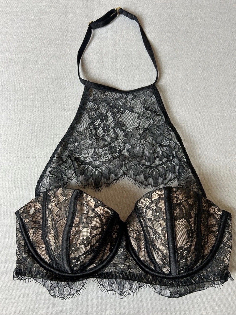 Victoria's Secret Black Lace Halter Underwire Bra with Nude Lining